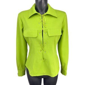 SANDRO‎ Made in France Lace-Up Collared Long Sleeve Lime Green Top Blouse US 6